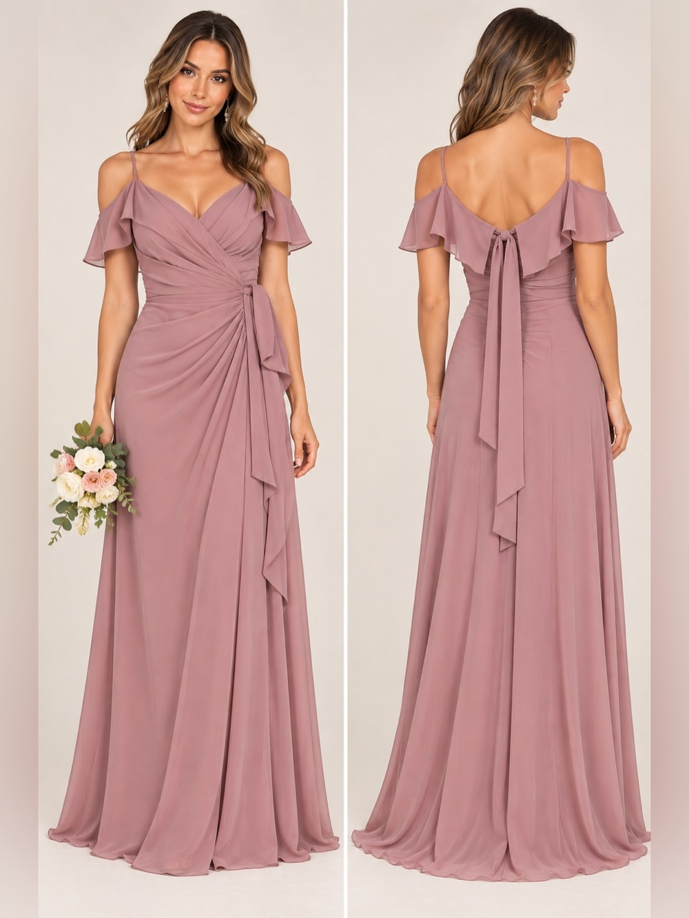 Mauve Off Shoulder Ruffle Ruched Formal Maxi Dress Gown XL